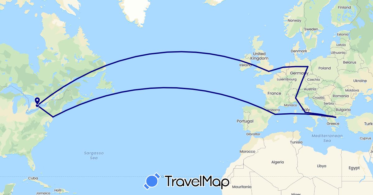 TravelMap itinerary: driving in Canada, Germany, Spain, United Kingdom, Greece, Italy, Netherlands, United States (Europe, North America)